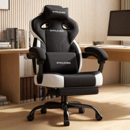 Luckracer Fabric Gaming Chair With Footrest, Ergonomic Computer Desk Chair With Pocket Spring Cushion Home Office Chair, Black