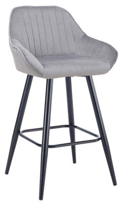Lamboro Velluto Velvet Kitchen Bar Stool, Powder-Coated Black Fixed Legs With Footrest, Velvet Padded Seat, Backrest & Armrest, Grey - image 1