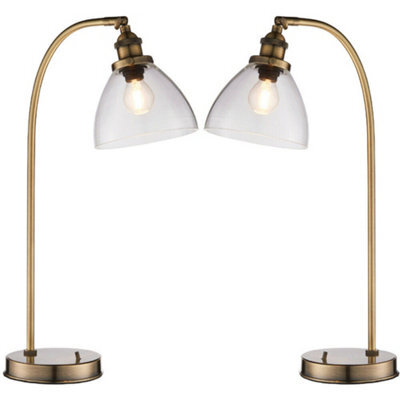 2 Pack Industrial Curved Table Lamp Antique Brass & Glass Modern Bedside Light - image 1