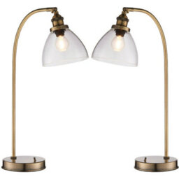 2 Pack Industrial Curved Table Lamp Antique Brass & Glass Modern Bedside Light - thumbnail 1
