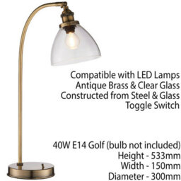 2 Pack Industrial Curved Table Lamp Antique Brass & Glass Modern Bedside Light - thumbnail 2