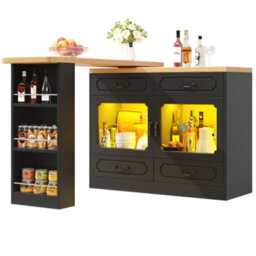 Btm Black 360 Rotating Bar Table Kitchen Island Coffee Bar With Storage Double Doors 4 Drawers 3 Tier Open Shelves - thumbnail 8