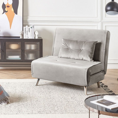 Beliani Single Sofa Bed, Light Grey Velvet, Fold-Out Single Sleeper With Cushion, Modern Design - image 1