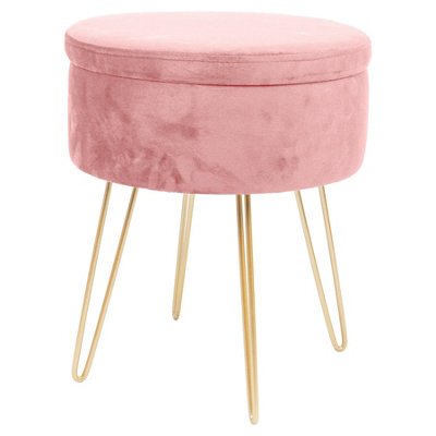 Harbour Housewares Velvet Storage Footstool - Round Modern Dressing Table Footstool Vanity Seat Chair - 45 X 36Cm - Pink/gold - image 1