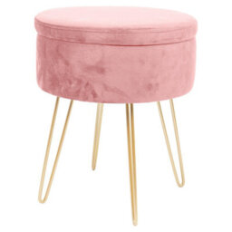 Harbour Housewares Velvet Storage Footstool - Round Modern Dressing Table Footstool Vanity Seat Chair - 45 X 36Cm - Pink/gold