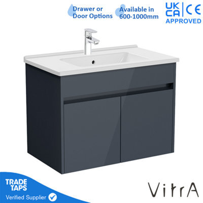 Vitra 800mm Wall Hung Bathroom Vanity Unit With 2 Doors & Basin - Anthracite Gloss Includes Chrome Tap - image 1
