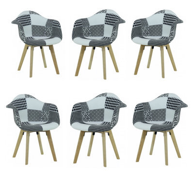 Life Interiors Set Of 6 Black/white Patchwork Fabric Dining Chairs With Wooden Legs, Modern Accent Chair - image 1