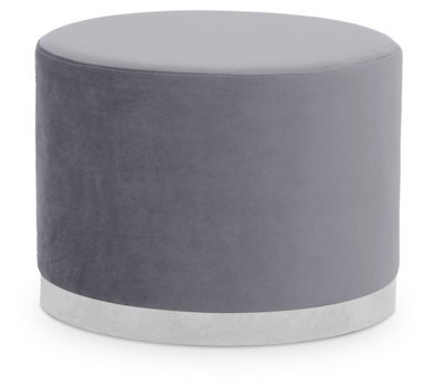 Premier Housewares Interiors By Premier Grey And Silver Round Footstool, Velvet Ottoman Footstool With Silver Base, Pouffe Footstool For Home - image 1