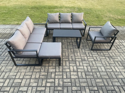 Fimous Aluminium 8 Seater Garden Furniture Patio Sofa Set With Rectangular Coffee Table Armchair Big Footstool Dark Grey - image 1