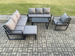 Fimous Aluminium 8 Seater Garden Furniture Patio Sofa Set With Rectangular Coffee Table Armchair Big Footstool Dark Grey - thumbnail 1