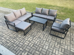 Fimous Aluminium 8 Seater Garden Furniture Patio Sofa Set With Rectangular Coffee Table Armchair Big Footstool Dark Grey - thumbnail 2