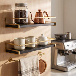 Living And Home Set Of 2 Wall Mounted Floating Shelves Black Paulownia Wood Gold Frame With Towel Rail - thumbnail 2