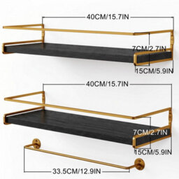 Living And Home Set Of 2 Wall Mounted Floating Shelves Black Paulownia Wood Gold Frame With Towel Rail - thumbnail 9