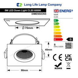 Long Life Lamps Company 5W Adjustable Square Led Recessed Ceiling Downlight 6000K Cls5 - thumbnail 2