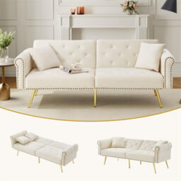 Abrihome Modern 2-Seater Sofa Bed With Gold Legs, 3-Stage Adjustable Backrest, Space-Saving Sofa With Sleeping Function (White) - thumbnail 1