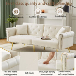 Abrihome Modern 2-Seater Sofa Bed With Gold Legs, 3-Stage Adjustable Backrest, Space-Saving Sofa With Sleeping Function (White) - thumbnail 5