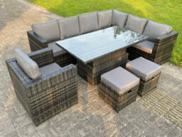 Fimous 9 Seats Dark Mixed Grey Rattan Garden Furniture Corner Sofa Set Adjustable Rising Dining Or Coffee Table Chair - thumbnail 2
