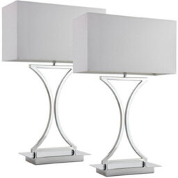 2 Pack Modern Table Lamp Light Chrome Metal & White Shade Square Desk Sideboard - thumbnail 1