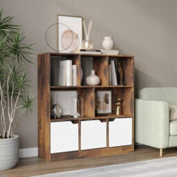 Urbn-Living Urbnliving Asymmetrical 8 Cube Rustic Brown Bookcase Freestanding Storage Unit With 3 Geo Design Doors - White - thumbnail 2