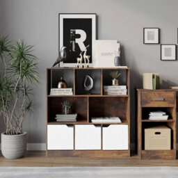 Urbn-Living Urbnliving Asymmetrical 8 Cube Rustic Brown Bookcase Freestanding Storage Unit With 3 Geo Design Doors - White - thumbnail 4