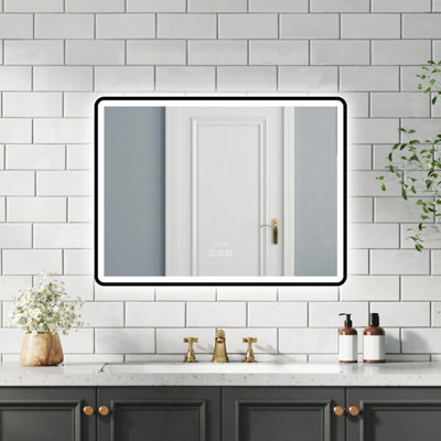 Probaty Bathrooms 3-Color Led Mirror Backlit,80X60Cm With Bluetooth And Clock,memory Function,anti-Fog Wall Black Framed Mirror - image 1