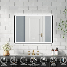 Probaty Bathrooms 3-Color Led Mirror Backlit,80X60Cm With Bluetooth And Clock,memory Function,anti-Fog Wall Black Framed Mirror - thumbnail 2