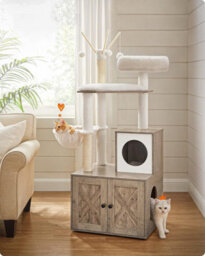 Songmics Dual-Purpose Cat Tower, Modern Design With Hidden Litter Area And Play Features, Greige - thumbnail 1