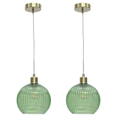 First Choice Lighting Set Of 2 Betchley - Green Ribbed Glass Globe With Satin Brass Pendants - image 1