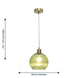 First Choice Lighting Set Of 2 Betchley - Green Ribbed Glass Globe With Satin Brass Pendants - thumbnail 8