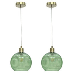 First Choice Lighting Set Of 2 Betchley - Green Ribbed Glass Globe With Satin Brass Pendants
