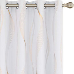 Deconovo Blackout Eyelet Curtains Thermal Insulated Gold Wave Line Foil Printed Curtains For Bedroom 52X90 Inch Greyish White - thumbnail 2