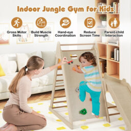 Costway Toddlers 3-In 1 Jungle Gym Indoor Playground W/ Extended Slide-Natural - thumbnail 8