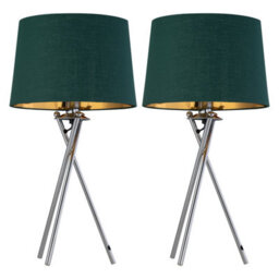 First Choice Lighting Set Of 2 Tripod - Chrome Lamps With Green & Gold Fabric Shade
