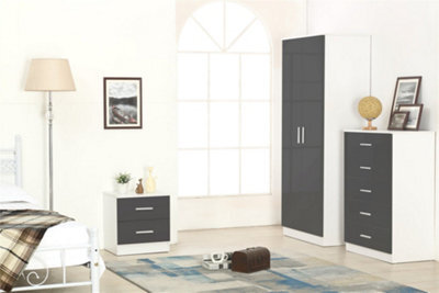 Reflect 2 Door Plain Wardrobe, 5 Drawer Chest, 2 Drawer Bedside - Grey Gloss & Matt White - Modern Bedroom Furniture Set - image 1
