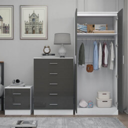 Reflect 2 Door Plain Wardrobe, 5 Drawer Chest, 2 Drawer Bedside - Grey Gloss & Matt White - Modern Bedroom Furniture Set - thumbnail 4