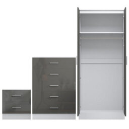 Reflect 2 Door Plain Wardrobe, 5 Drawer Chest, 2 Drawer Bedside - Grey Gloss & Matt White - Modern Bedroom Furniture Set - thumbnail 5