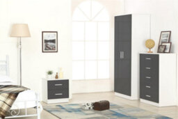 Reflect 2 Door Plain Wardrobe, 5 Drawer Chest, 2 Drawer Bedside - Grey Gloss & Matt White - Modern Bedroom Furniture Set - thumbnail 1