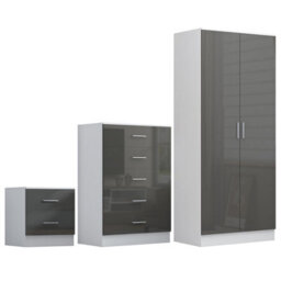 Reflect 2 Door Plain Wardrobe, 5 Drawer Chest, 2 Drawer Bedside - Grey Gloss & Matt White - Modern Bedroom Furniture Set - thumbnail 6