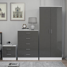 Reflect 2 Door Plain Wardrobe, 5 Drawer Chest, 2 Drawer Bedside - Grey Gloss & Matt White - Modern Bedroom Furniture Set - thumbnail 3