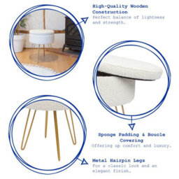 Harbour Housewares Boucle Storage Footstool - Round Modern Dressing Table Footstool Vanity Seat Chairs - 46 X 37Cm Silver Legs - thumbnail 2