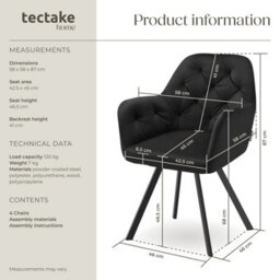 Tectake Set Of 4 Armchair Lucia - Padded, Quilted Pattern, 180 Degree Swivel Chair  - Black - thumbnail 6