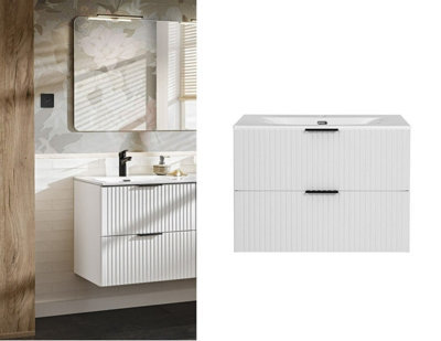 Impact Furniture White Vanity Unit 800mm Sink Bathroom Cabinetry Ribbed Fluted Wall Hung Cabinet With Drawers Adel - image 1