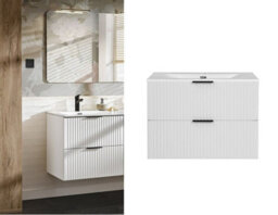 Impact Furniture White Vanity Unit 800mm Sink Bathroom Cabinetry Ribbed Fluted Wall Hung Cabinet With Drawers Adel - thumbnail 1