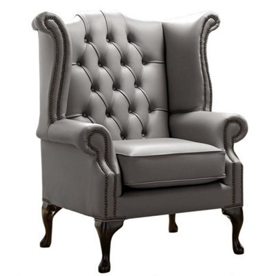 Chesterfield High Back Wing Chair Shelly Silver Birch Leather Bespoke In Queen Anne Style - image 1