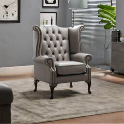 Chesterfield High Back Wing Chair Shelly Silver Birch Leather Bespoke In Queen Anne Style - thumbnail 2