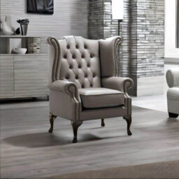 Chesterfield High Back Wing Chair Shelly Silver Birch Leather Bespoke In Queen Anne Style - thumbnail 3