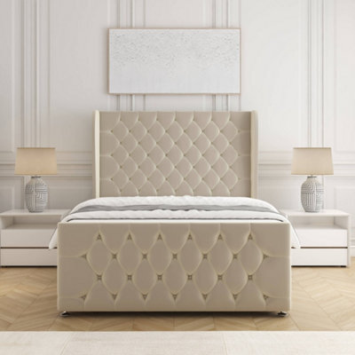 Bsspoke Anna Divan Bed Set Cream Plush Velvet 54Inch Headboard & Footboard & Mattress No Drawers In 3Ft 4Ft 4Ft6 5Ft 6Ft - image 1