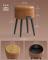 Songmics Storage Ottoman, Dressing Table Stool, Synthetic Leather, Mid-Century Modern, Round Storage Stool Seat, Caramel Brown - thumbnail 2