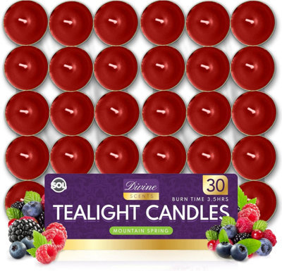 SOL 30Pk Tea Light Candles Fresh Berries 35 Hour Burn Scented Tealights Long Lasting Ideal For Home Relaxation Dinners Weddings Decor