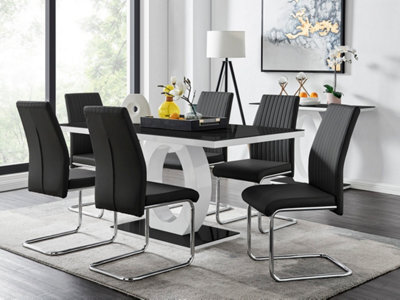 Furniturebox Giovani Rectangular 6 Seat White High Gloss Halo Structural Dining Table Black Glass Top 6 Black Faux Leather Lorenzo Chairs - image 1